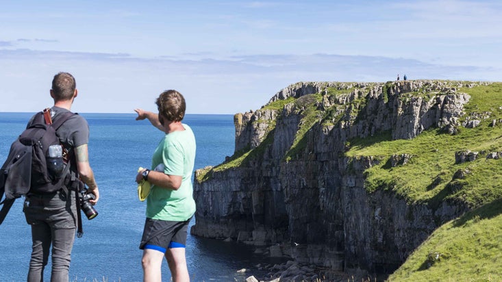 Visitors standing on clifftops overlooking Barafundle Bay, Stackpole